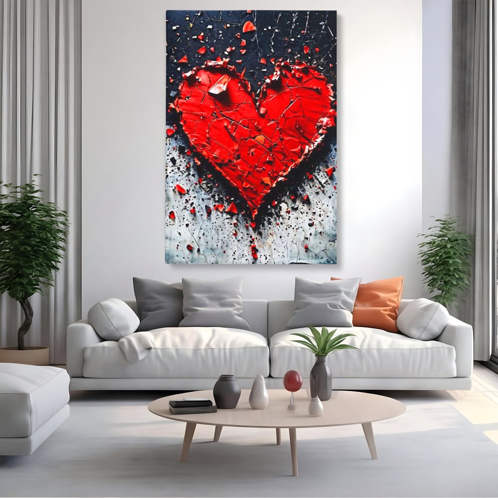 Tablou canvas cu tablou canvas cu o inima rosie crapata, fara rama, pe sasiu de lemn, pe perete intr-un living